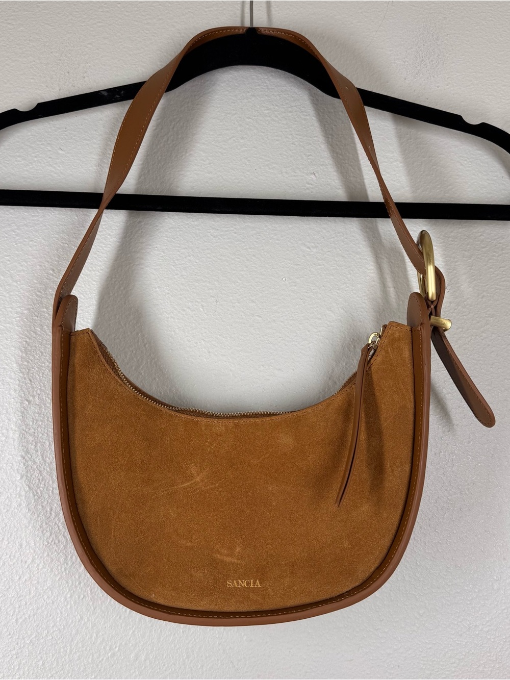 Sancia Yvette Half Moon Bag in Brown Suede Linen Lined Classic Preppy Old Money